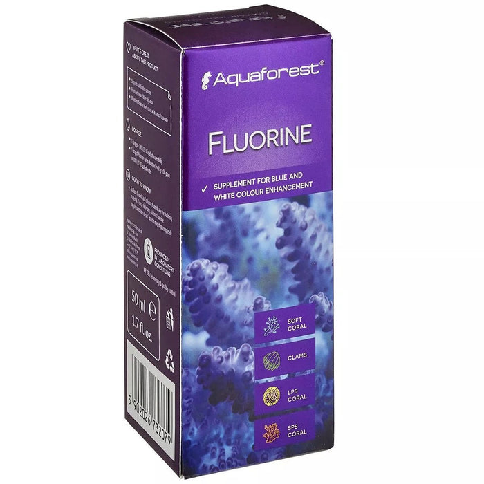 Aquaforest Fluorine supplement box for enhancing blue and white colors in corals, 50 ml packaging design.