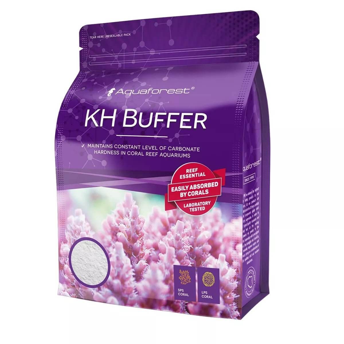 Aquaforest KH Buffer Dry, powder for maintaining alkalinity in coral reef aquariums, essential for coral growth and calcification.
