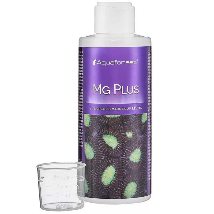 Aquaforest Mg Plus 250ml liquid magnesium supplement for increasing tank magnesium levels, with a measuring cup.