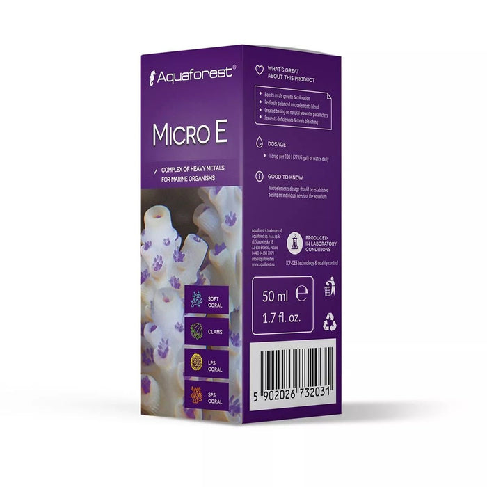 Aquaforest Micro E 50ml box featuring information on microelements for coral growth and marine organisms.