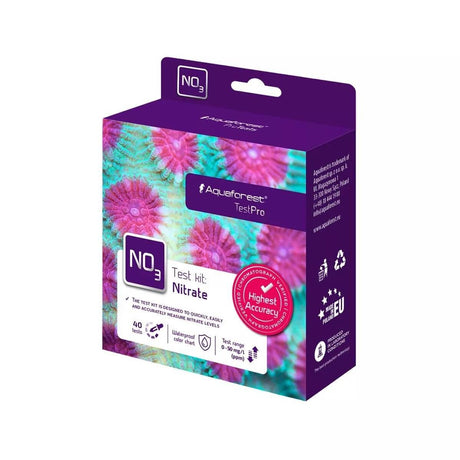 Aquaforest Nitrate NO3 Test Pro Kit packaging for accurate nitrate measurement in marine aquariums, includes 40 tests.