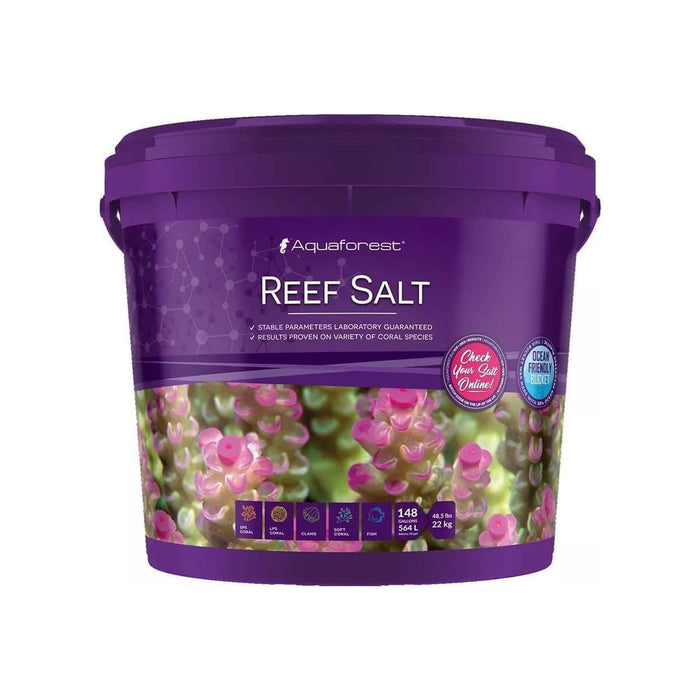 Aquaforest Reef Salt container, designed for optimal coral growth and pigmentation in marine aquariums.