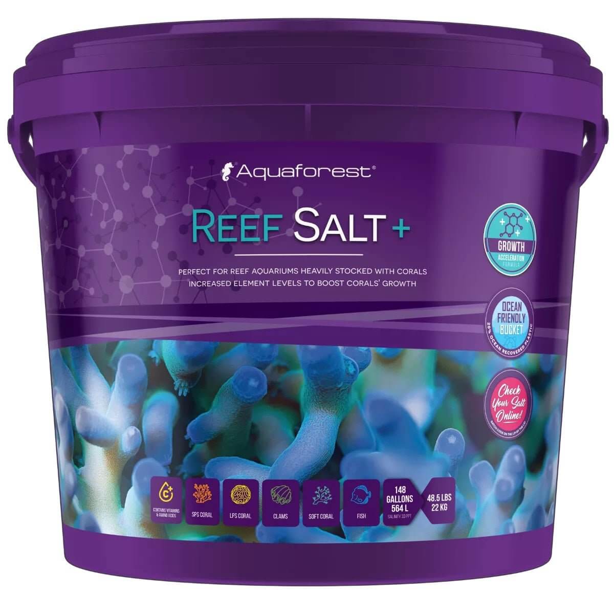 Aquaforest Reef Salt+ Mix bucket for coral reef tanks, promoting growth with balanced macronutrients and high nutrient levels.