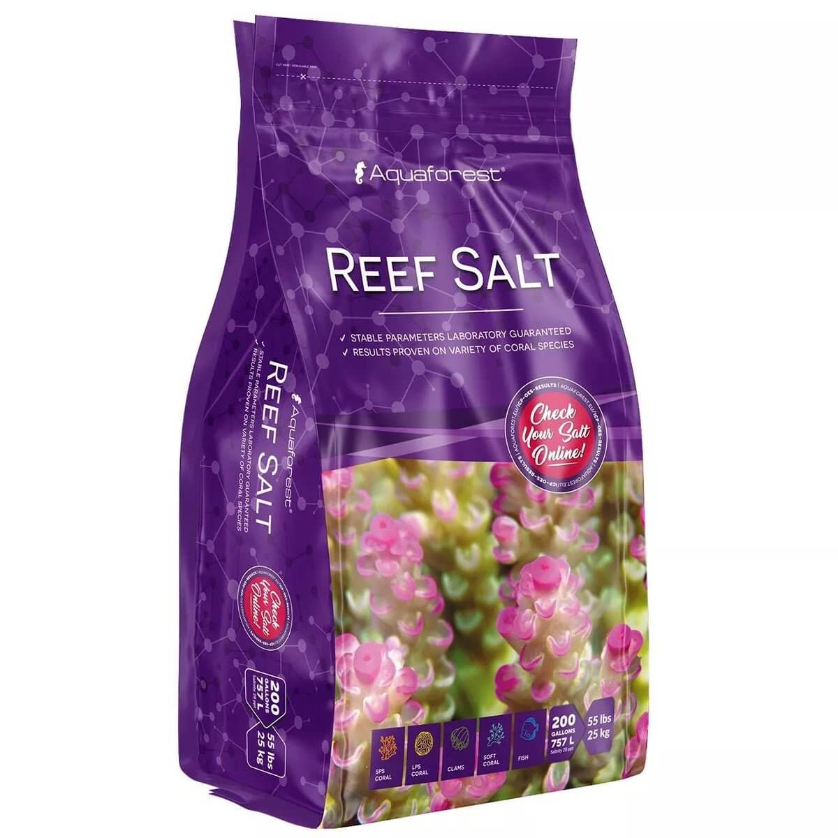 Aquaforest Reef Salt package for marine aquariums, designed for coral growth and pigmentation support.