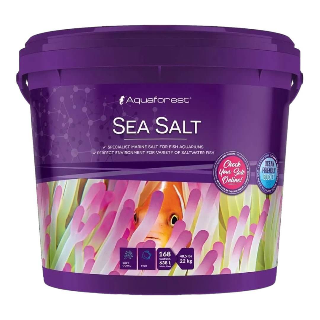 Aquaforest Sea Salt Mix bucket for marine aquariums, perfect for fish, corals, and invertebrates, 22 kg size.