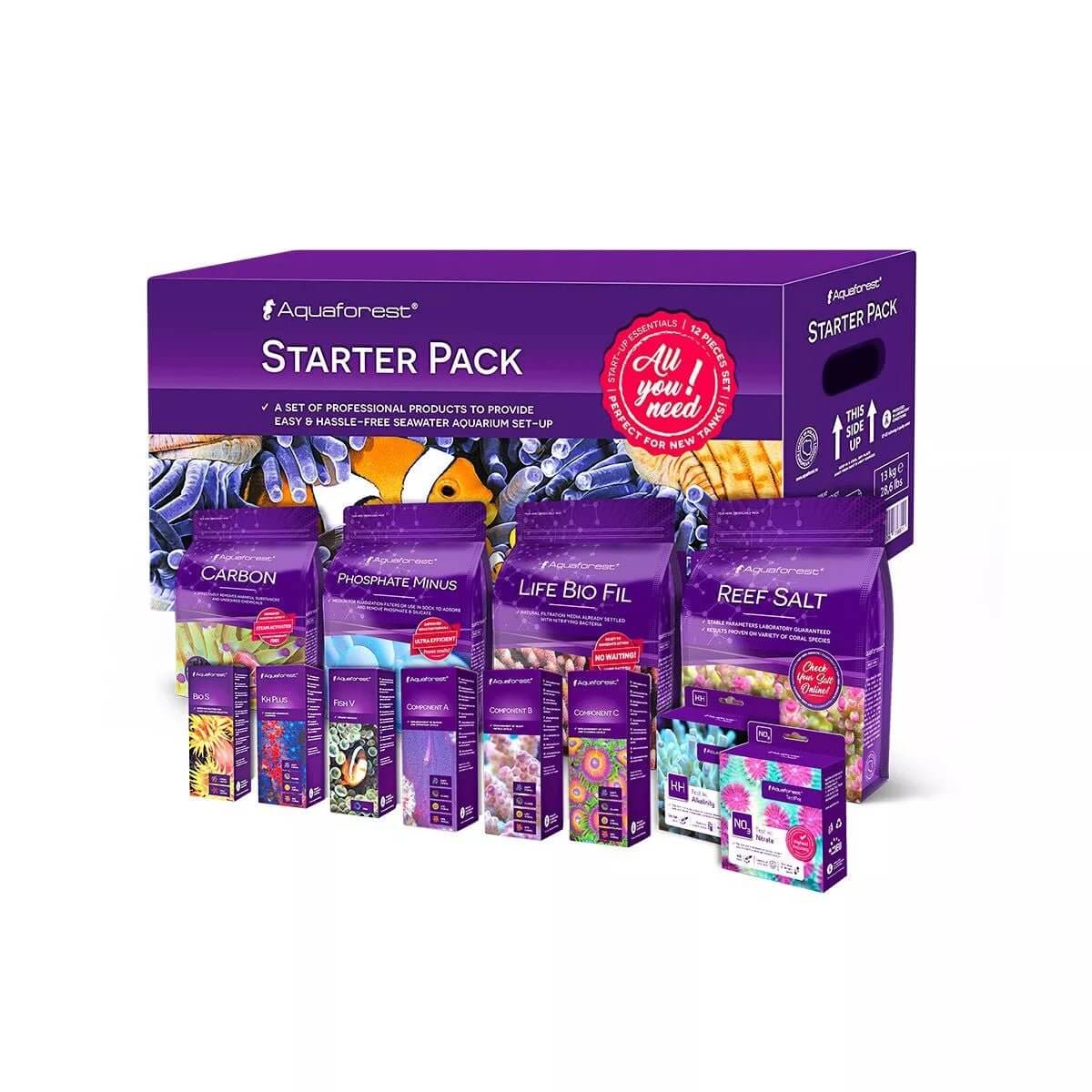 Aquaforest Starter Pack featuring essential products for setting up a reef aquarium, including salt mix and filter media.