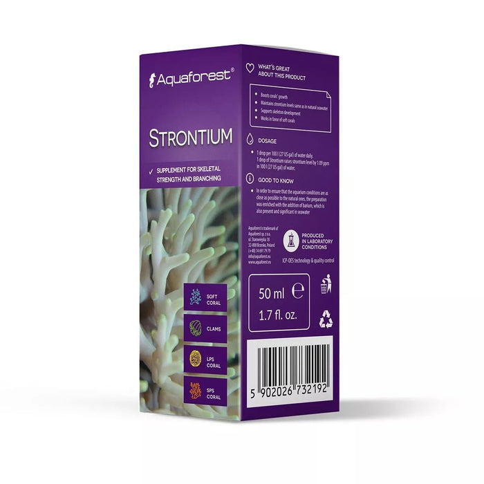 Aquaforest Strontium supplement box designed for coral skeletal strength and branching, 50 ml size, with dosage instructions.