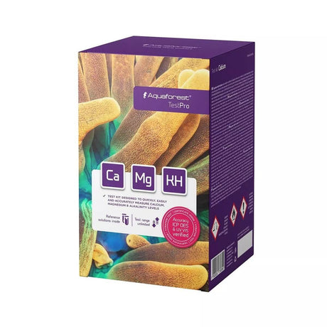 Aquaforest TestPro Pack for measuring Ca, Mg, and KH levels in saltwater aquariums, essential for reef health.