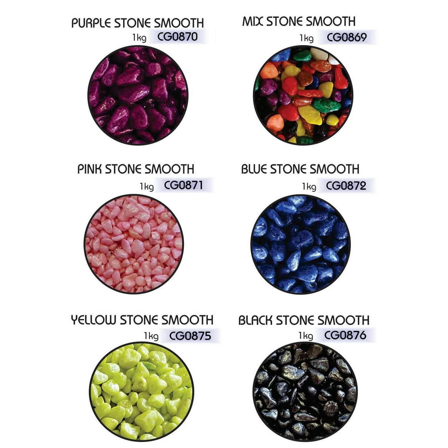Colorful smooth stones for aquariums, including purple, pink, blue, yellow, black, and mixed options, 1kg packaging.