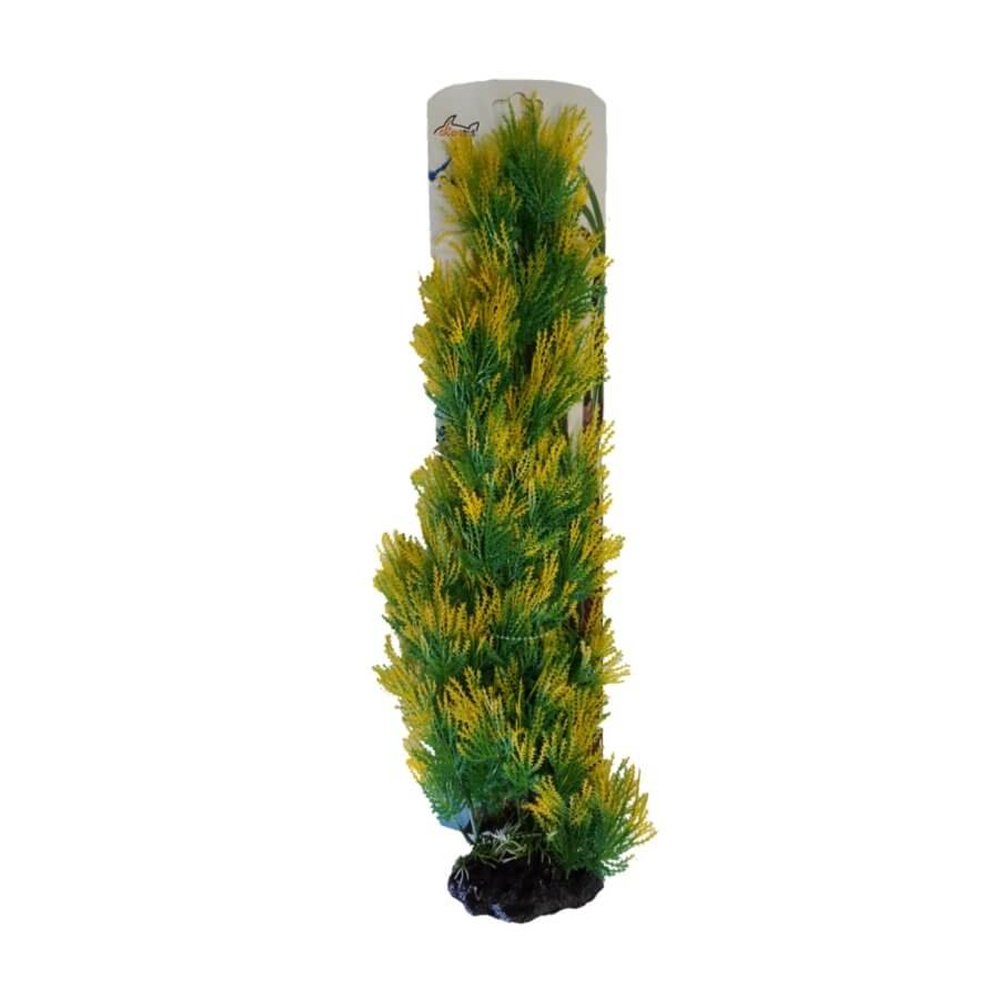 Vibrant artificial aquarium plant PP7003, green and yellow plastic decoration for fish tanks, 48cm tall, low maintenance.