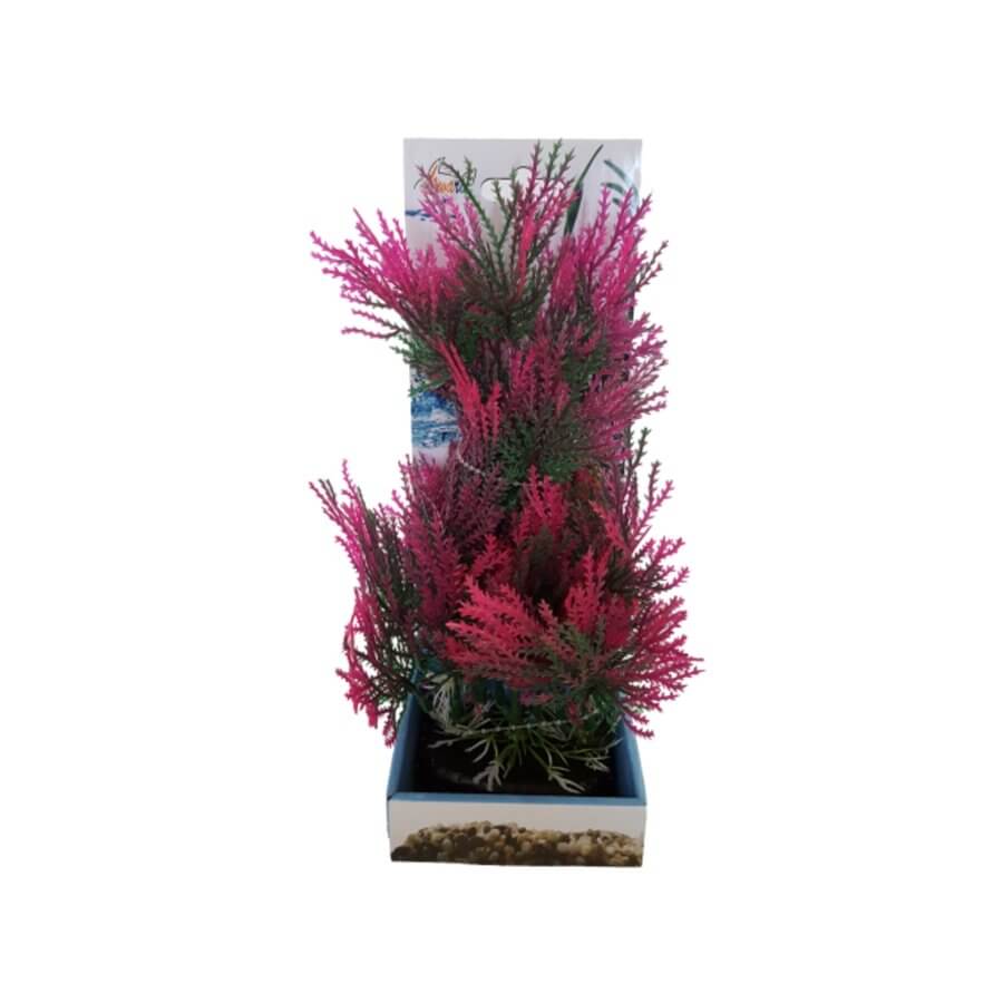 Aquarium Plastic Plant PP7018 vibrant pink decoration for fish tanks, 12 x 7 x 25cm, low maintenance artificial ornament.