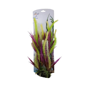 Vibrant artificial plastic plant PP7031XS for aquarium, featuring colorful leaves and a sturdy ceramic base.