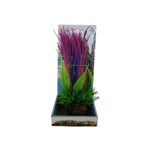 Vibrant aquarium plastic plant PP8314 in packaging, ideal decoration for fish tanks with colorful design.
