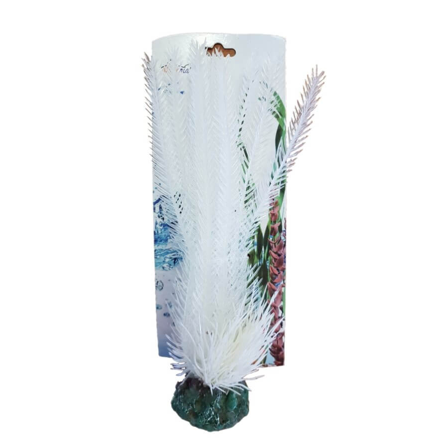 Aquarium Plastic Plant PP8328 artificial decoration in vibrant white, enhancing fish tank aesthetics and requiring low maintenance.