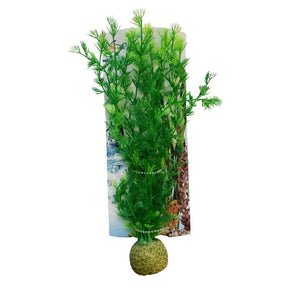 Artificial Aquarium Plastic Plant PP8506 in vibrant green, with ceramic base, ideal for fish tank decoration and low maintenance.