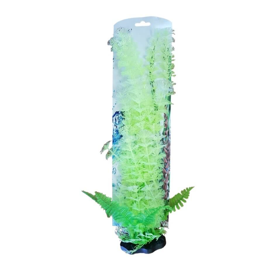 Aquarium Plastic Plant PP8618 in vibrant green colors for fish tank decoration, made of durable plastic and ceramic base.