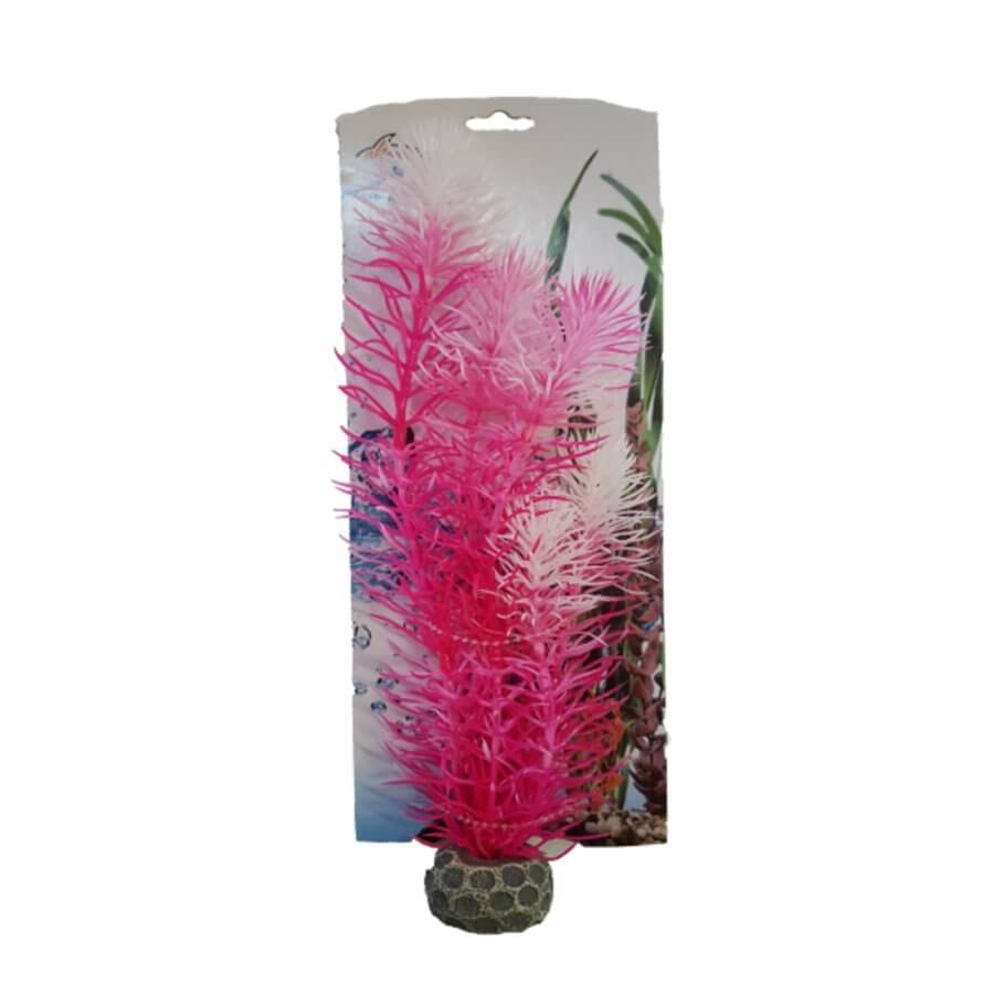 Artificial aquarium plant PP8921 in vibrant pink, perfect for fish tank decoration, with a ceramic base for stability.