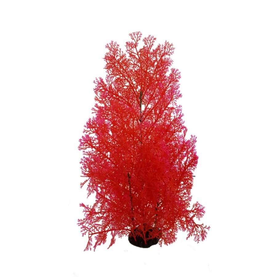 Vibrant red artificial aquarium plant decoration with ceramic base, ideal for enhancing fish tank aesthetics.