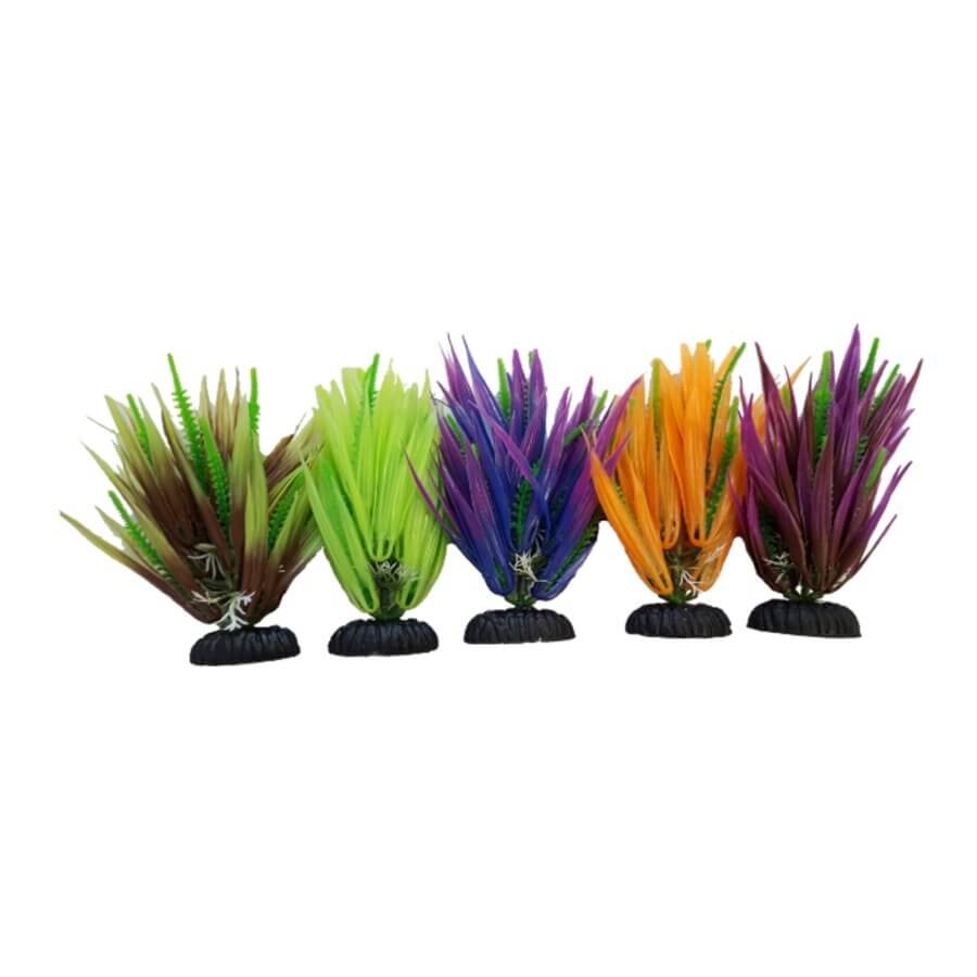 Artificial aquarium plants in vibrant colors, ideal for fish tank decoration, featuring ceramic bases for stability.