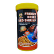 AQUAV Freeze Dried Red Shrimp for large and medium carnivorous fish, 100% natural fish food in a yellow container.