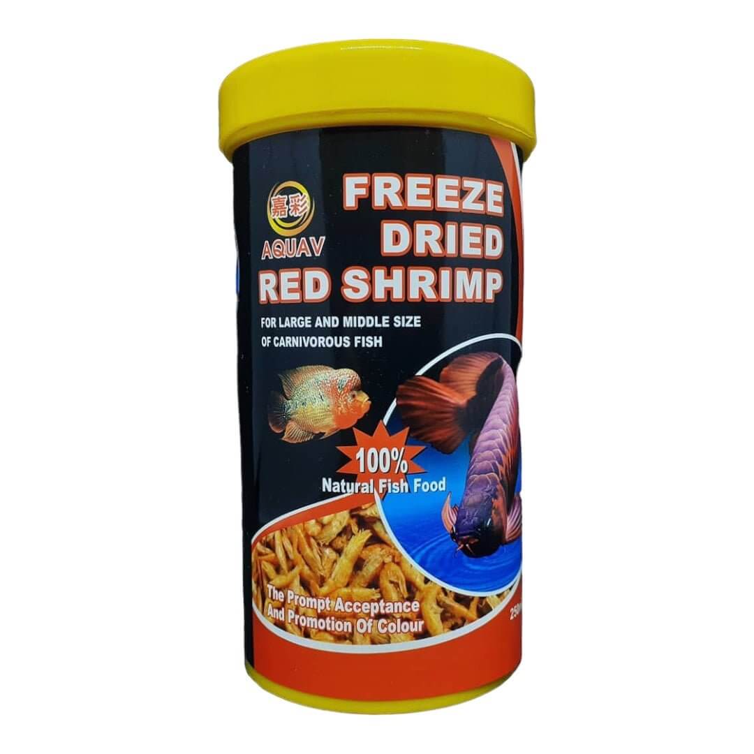 AQUAV Freeze Dried Red Shrimp for large and medium carnivorous fish, 100% natural fish food in a yellow container.
