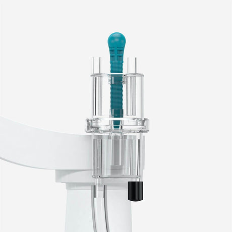 Aquavitro Division Protein Skimmer close-up showing polycarbonate collection cup and innovative silencer design.