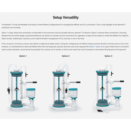 Aquavitro element Ca Calcium Reactor setup options showcasing three versatile configurations for CO2 and effluent management.