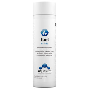 Aquavitro Reef Fuel bottle, a coral growth supplement with carbohydrates, vitamins, and amino acids for optimal reef health.