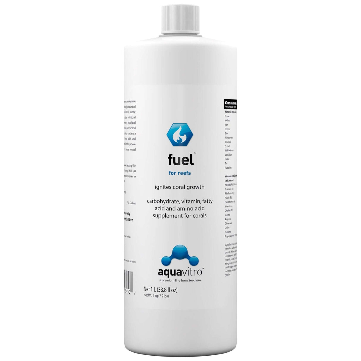 Aquavitro Fuel bottle, a coral supplement with carbohydrates, vitamins, amino acids, and fatty acids for reef growth.