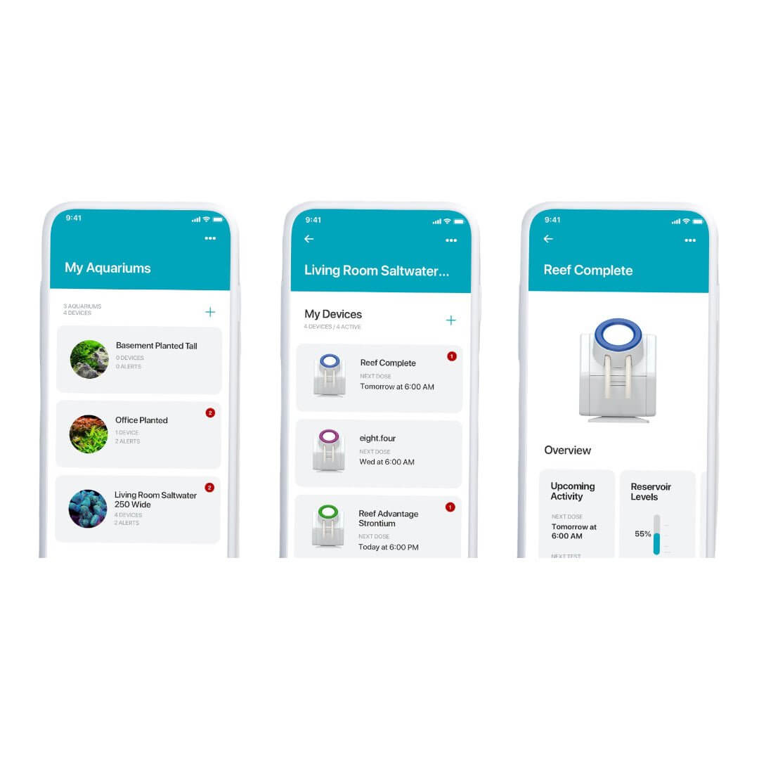 smartphone interface showing AquaVitro Sentia app with aquarium management and dosing schedules.