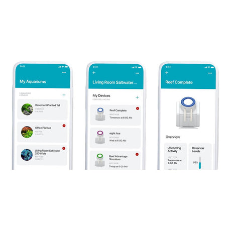 smartphone interface showing AquaVitro Sentia app with aquarium management and dosing schedules.