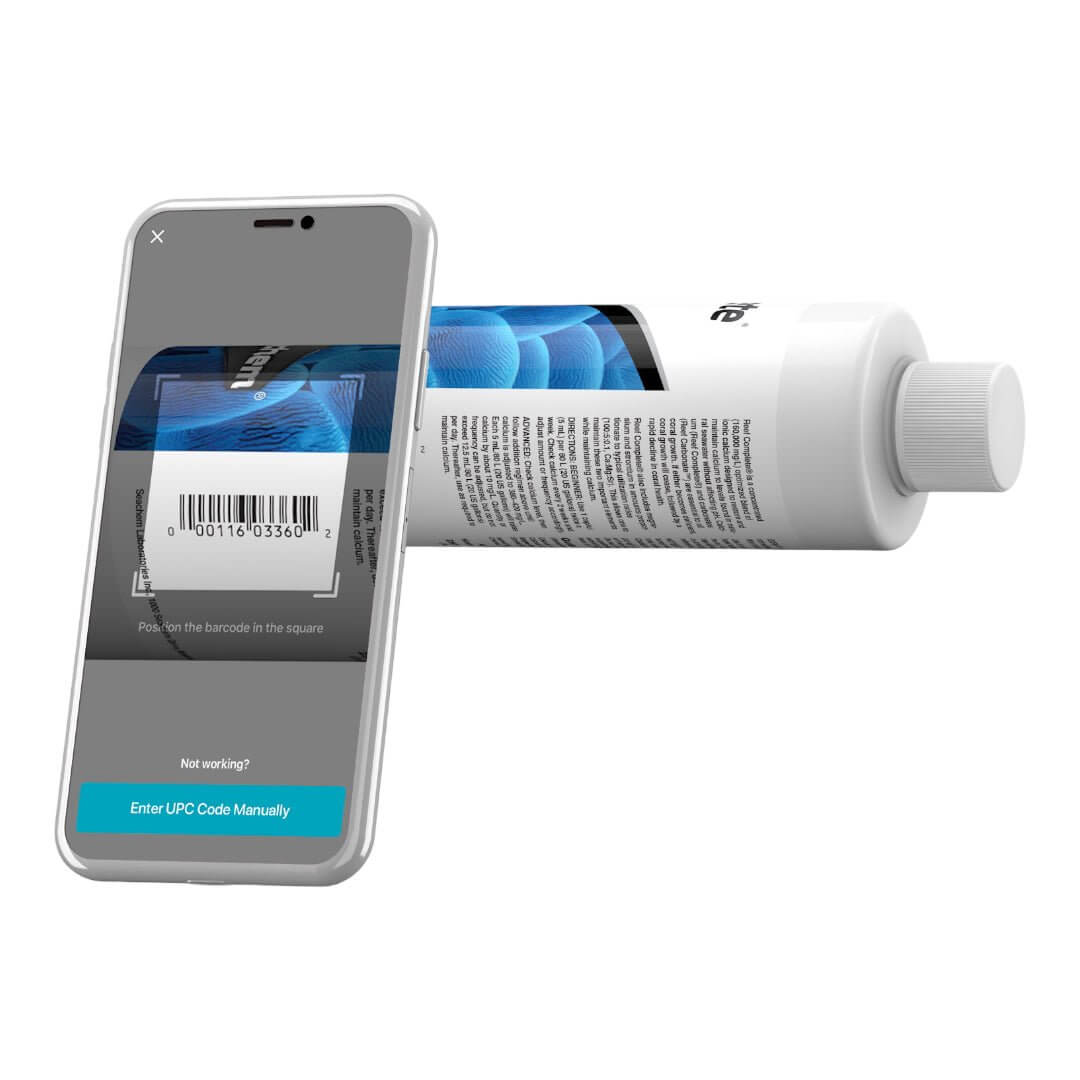 Smartphone scanning barcode on AquaVitro product for dosing instructions and management.
