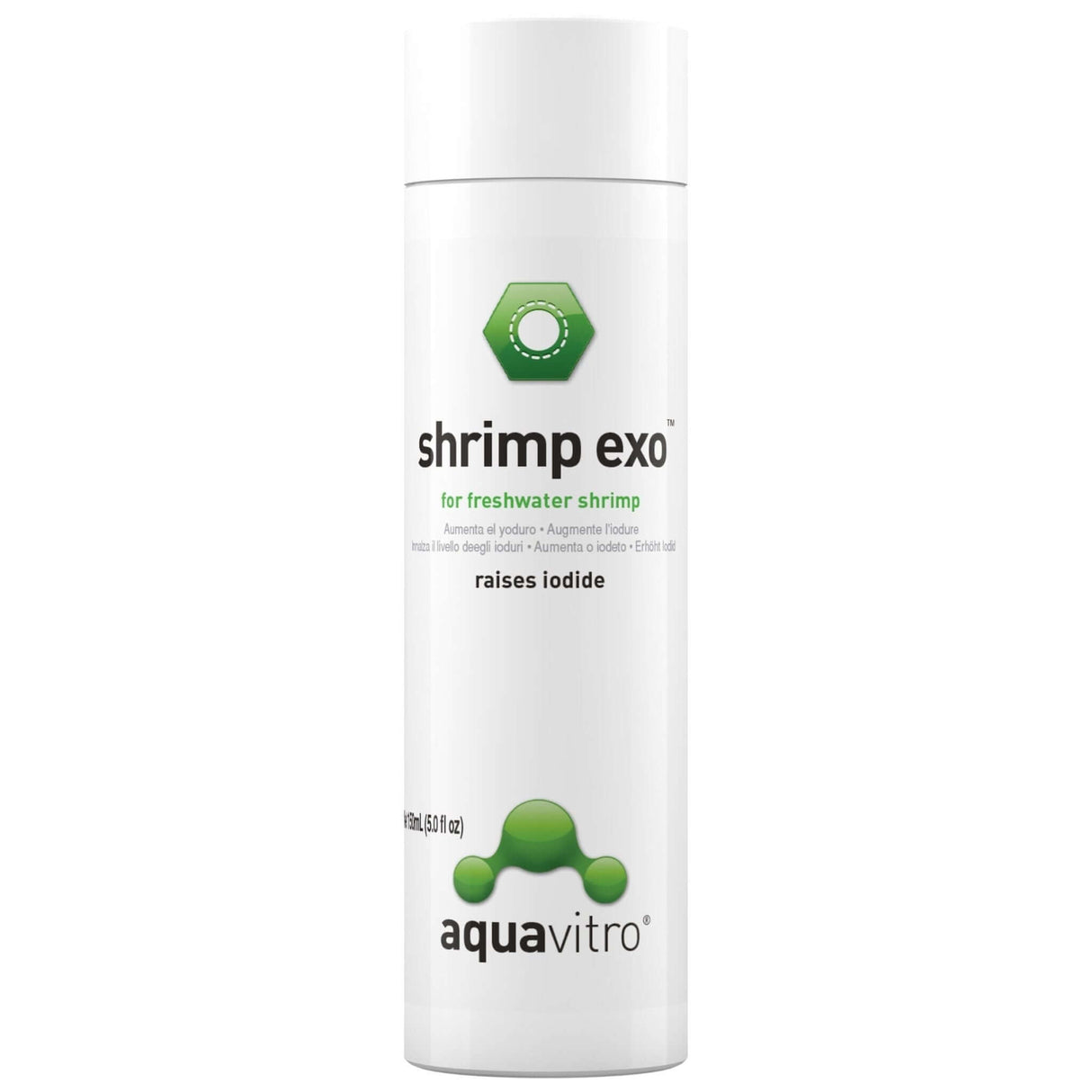 Aquavitro Shrimp exo 150ml bottle for freshwater shrimp, raises iodide and replicates ideal aquatic environment.