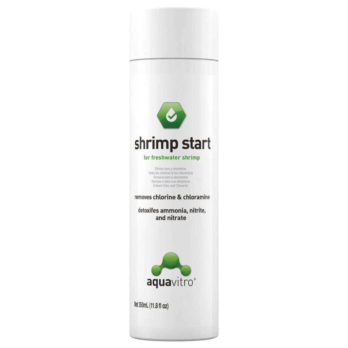 Aquavitro Shrimp Start conditioner for freshwater shrimp, removes chlorine, detoxifies ammonia, nitrite, and nitrate.