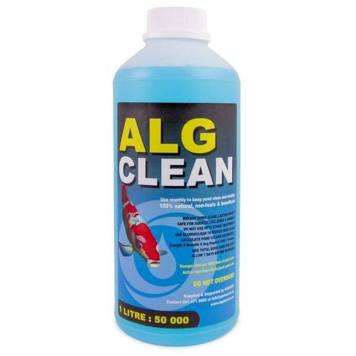 Aquazoi Alg Clean Pond Algae Remover 1L bottle, safe for ponds and wildlife, environmentally friendly algae treatment.