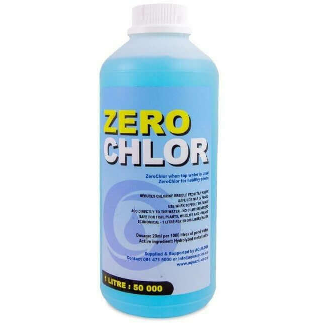 Aquazoi Zero Chlor Anti Chlorine bottle, 1 litre, designed for treating tap water in aquariums and koi ponds.