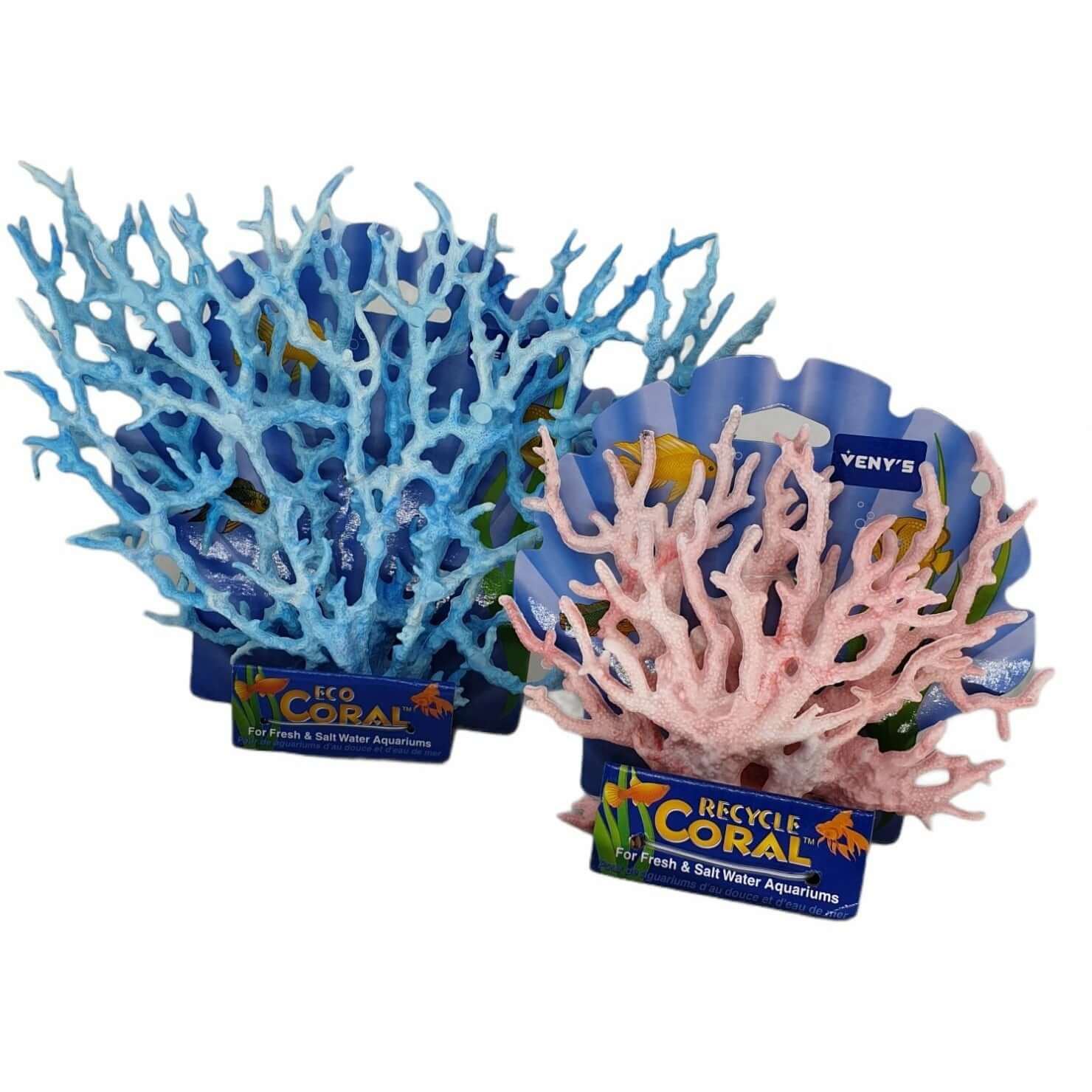 Artificial coral ornaments in blue and pink for freshwater and saltwater aquariums, eco-friendly design.