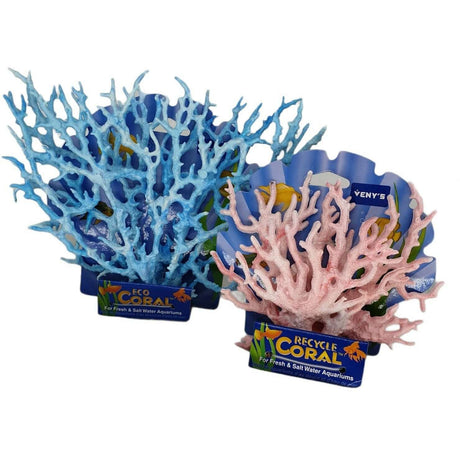 Artificial coral ornaments in blue and pink for freshwater and saltwater aquariums, eco-friendly design.