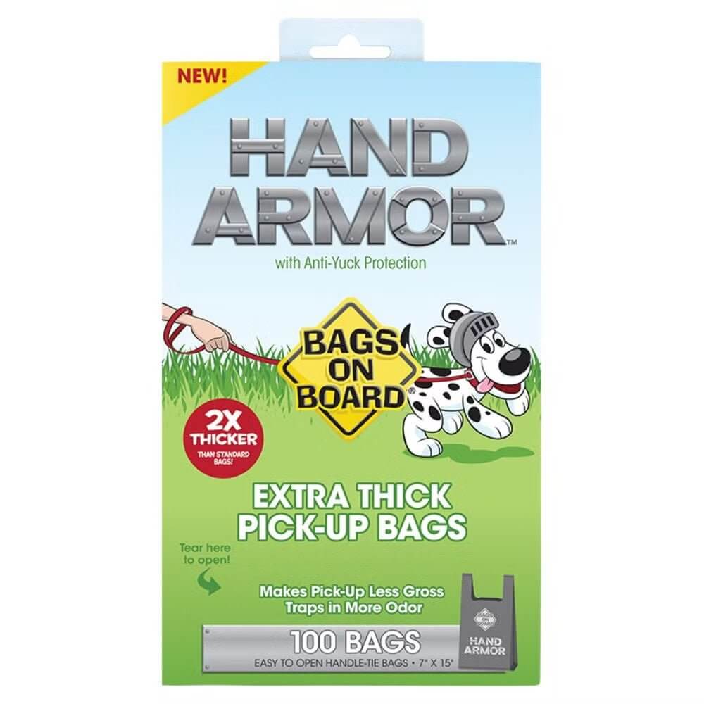 Bags on Board Hand Armor Extra Thick Pick-Up Bags package with 100 bags for pet waste management and odor control.