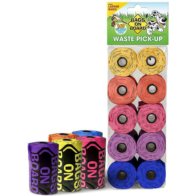 Colorful Bags on Board Rainbow Refill Poop Bags, 10 rolls of leak-proof waste pickup bags in fun colors.