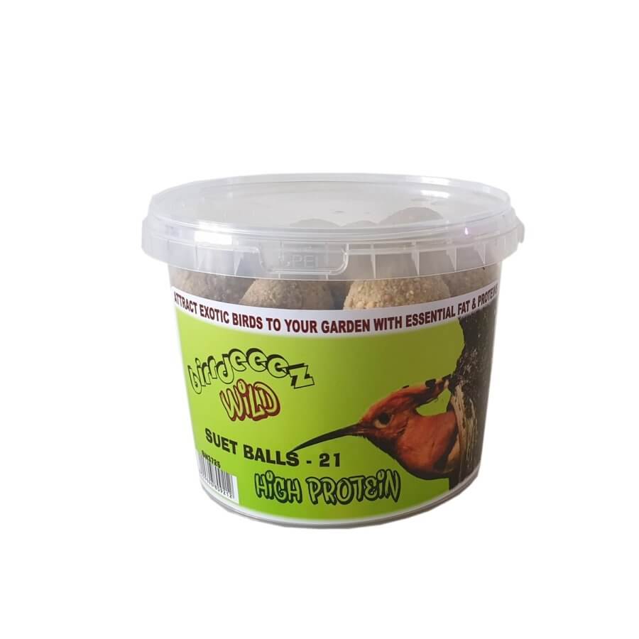 Birdies Suet Balls bucket containing 21 high protein bird treats designed to attract and nourish garden birds.