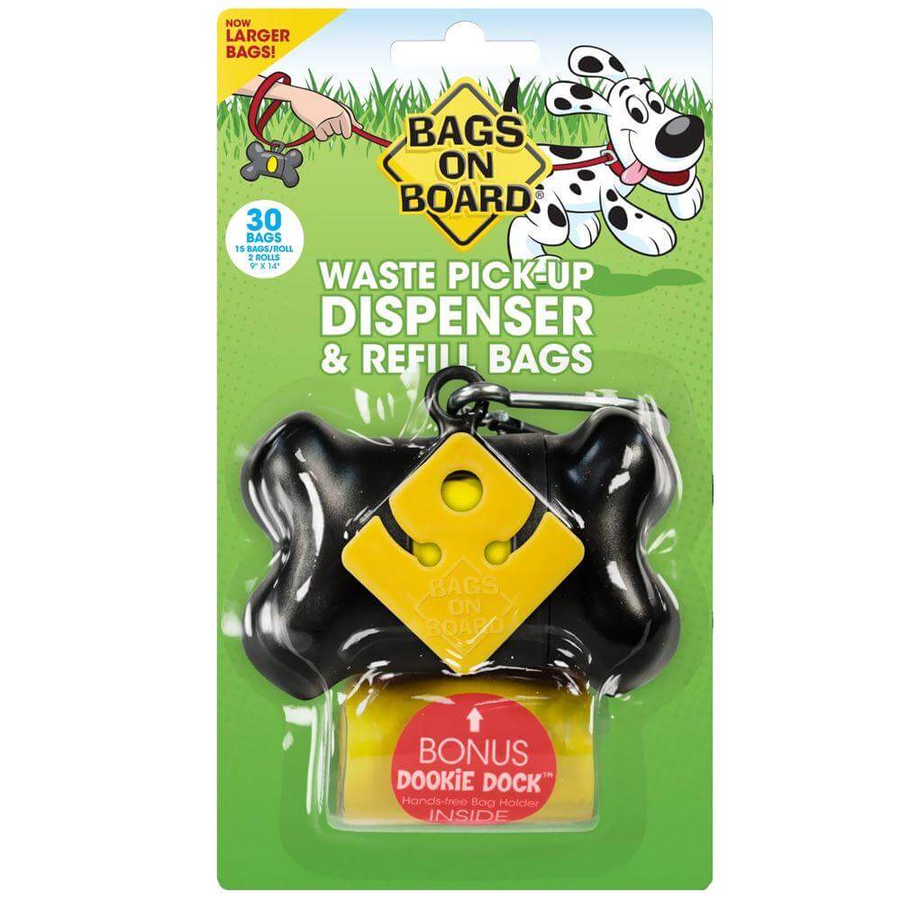 Black bone-shaped waste bag dispenser with 30 refill bags, featuring a bonus dookie dock for easy dog clean-up.