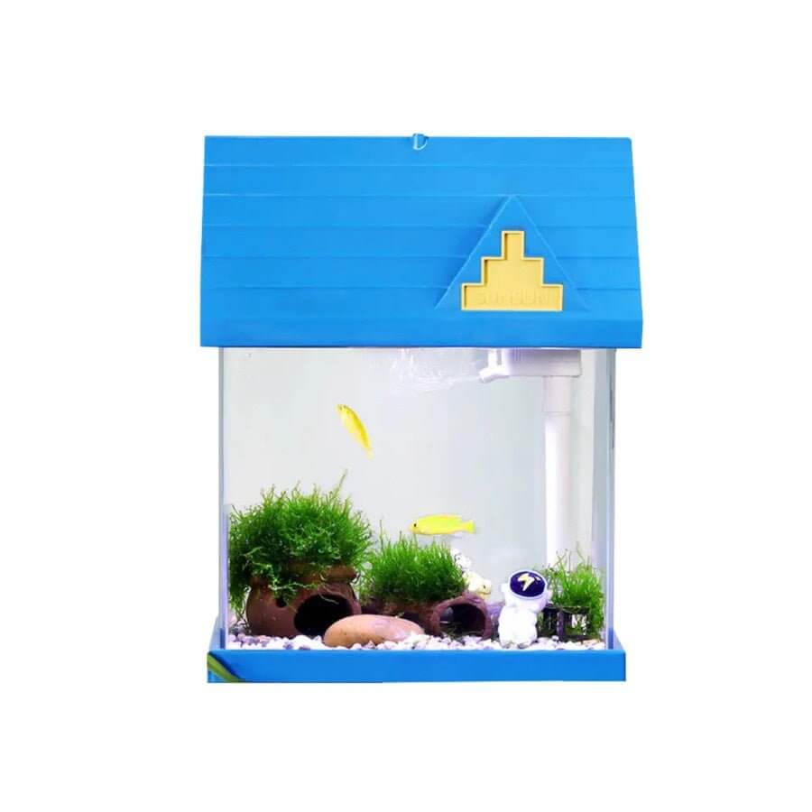 Blue House Aquarium 8L with light and filter, featuring plants and fish, dimensions 270x220x336mm.