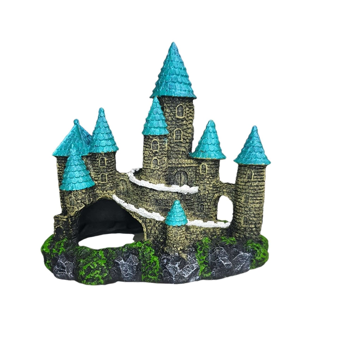 Blue Magical Castle Aquarium Ornament adds whimsical charm to your aquarium with detailed architecture and vibrant colors.