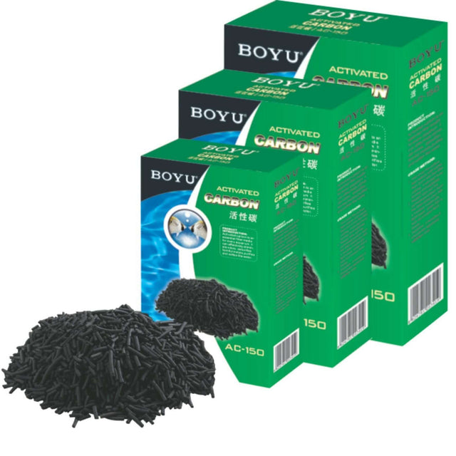 BOYU Activated Carbon product with packaging and loose activated charcoal, ideal for aquarium filtration and water purification.