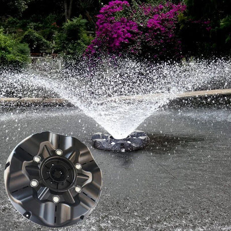 Boyu Floating Fountain Air Pump in action, featuring LED lights and water spray amidst lush greenery and flowers.