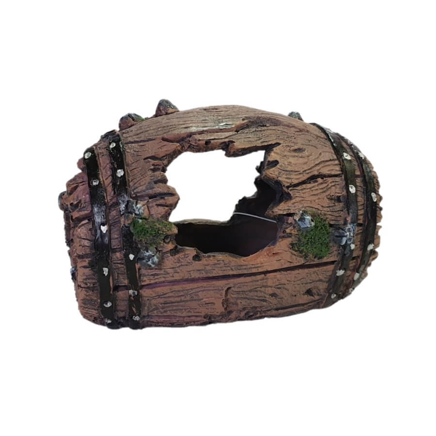 Broken Barrel Aquarium Ornament for small tanks, adding rustic charm and hiding spots for fish and invertebrates.
