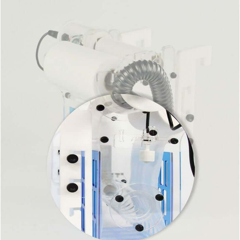 Bubble Magus Automatic Sump Filter Rollers G2 showing details of the filtration system and hose connections for efficient aquarium filtration.