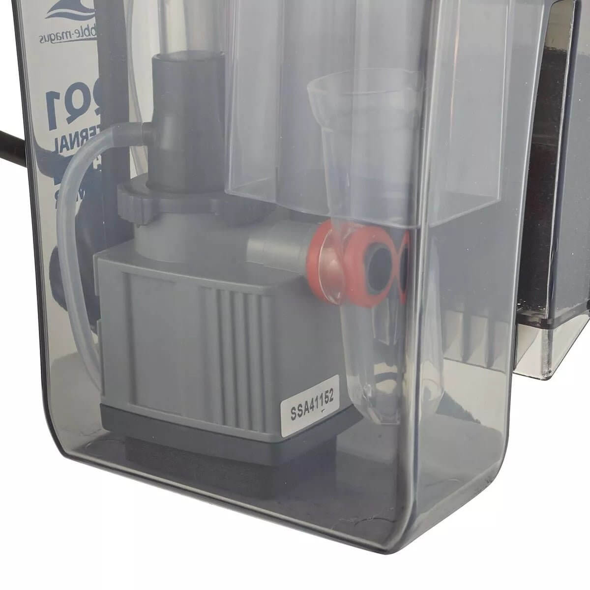 Bubble Magus QQ1 External Hang-On Back Protein Skimmer pump and components close-up view for aquariums.