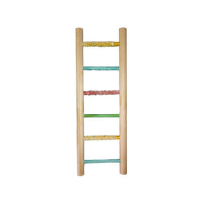 Budgie wooden ladder with sand perch steps, colorful design for climbing and nail maintenance.